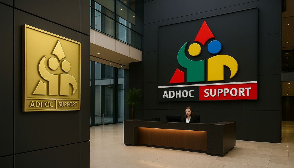 The professional reception lobby of Adhoc Support CIC, featuring the organisation's logo on the wall. This space represents the central hub for our global non-profit community dedicated to consumer rights and collective action.