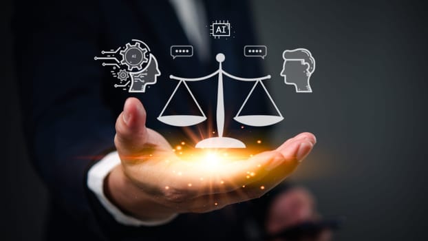 A professional holding out a hand, from which a glowing scales of justice icon emerges, balanced between an AI-powered mind and a person, symbolizing ethical AI in consumer advocacy.
