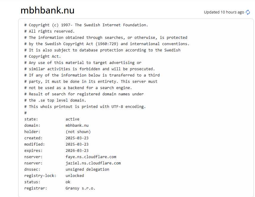 WHOIS record for the fraudulent mbhbank.nu domain used in the phishing scam.